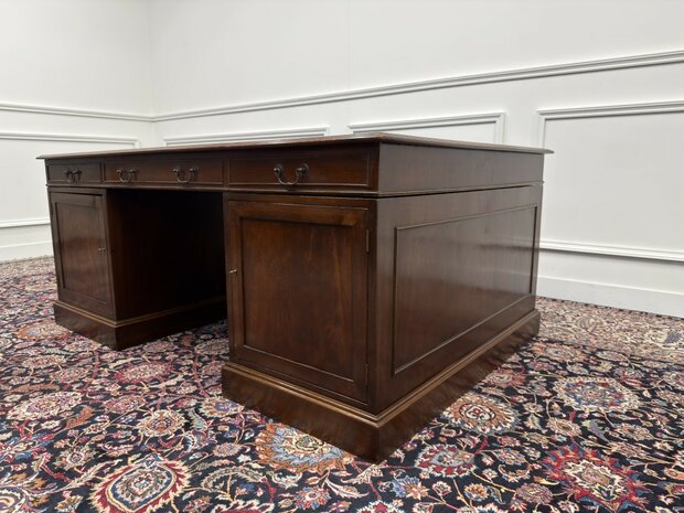 Groot-Klassiek-Engels-Antiek-Oud-Vintage-Chesterfield-Bureau-Desk-Partnerdesk-Groen-Leder-Ingelegd