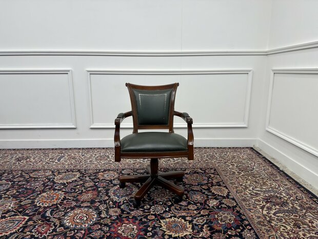 Klassiek-Antiek-Engels-Oud-Chesterfield-Bureaustoel-President-Chair-Groen-Leder