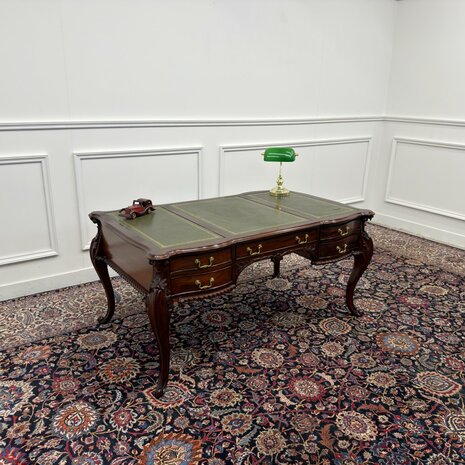 Klassiek-Engels-Antiek-Oud-Vintage-Bureau-Desk-Schrijftafel-Groen-Leder