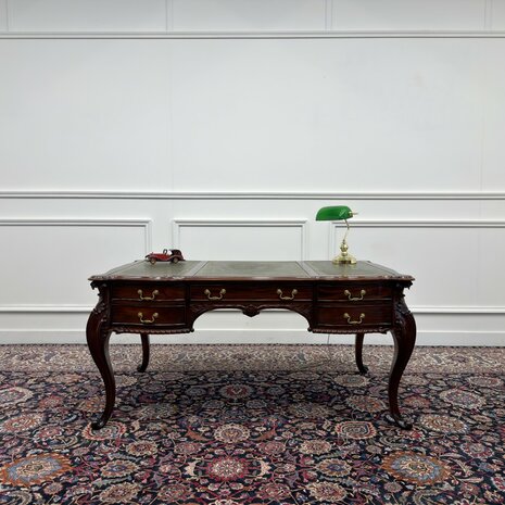Klassiek-Engels-Antiek-Oud-Vintage-Bureau-Desk-Schrijftafel-Groen-Leder