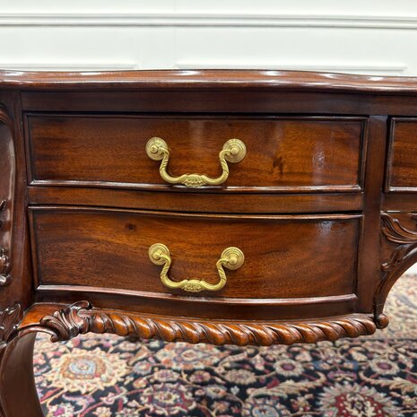 Klassiek-Engels-Antiek-Oud-Vintage-Bureau-Desk-Schrijftafel-Groen-Leder