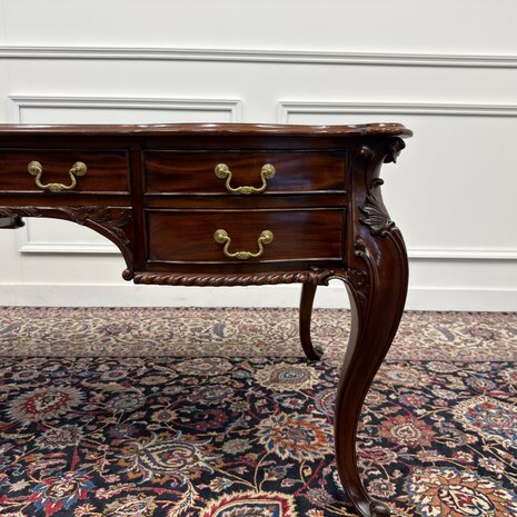 Klassiek-Engels-Antiek-Oud-Vintage-Bureau-Desk-Schrijftafel-Groen-Leder