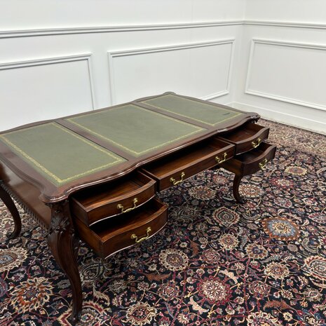 Klassiek-Engels-Antiek-Oud-Vintage-Bureau-Desk-Schrijftafel-Groen-Leder