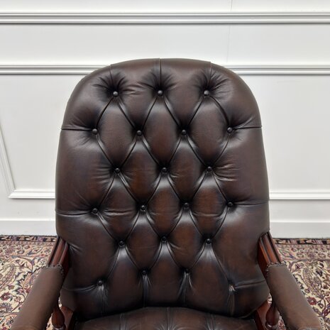 Klassiek-Antiek-Engels-Oud-Chesterfield-Bureaustoel-Desk-President-Chair-Bruin-Leder