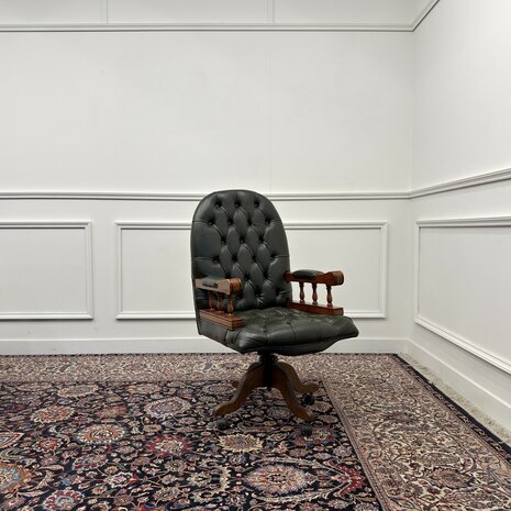 Klassiek-Antiek-Engels-Oud-Chesterfield-Bureaustoel-Desk-President-Chair-Groen-Leder