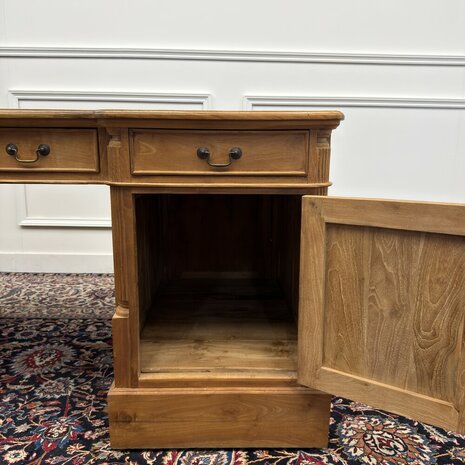 Klassiek-Antiek-Engels-Oud-Chesterfield-Teakhouten-Teak-Bureau-Bruin-Leder