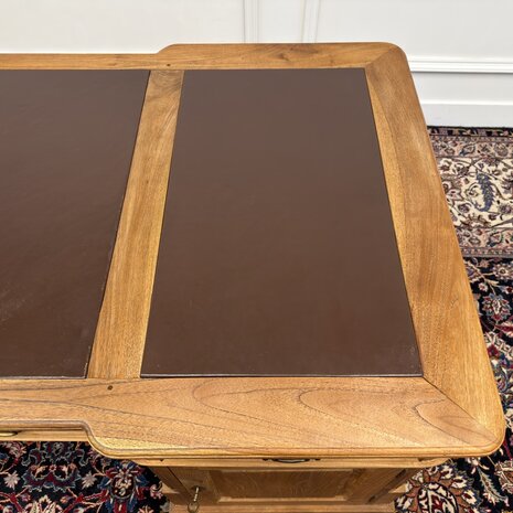 Klassiek-Antiek-Engels-Oud-Chesterfield-Teakhouten-Teak-Bureau-Bruin-Leder