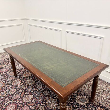 Klassiek-Antiek-Engels-Oud-Chesterfield-Bureau-Schrijftafel-Groen-Leder