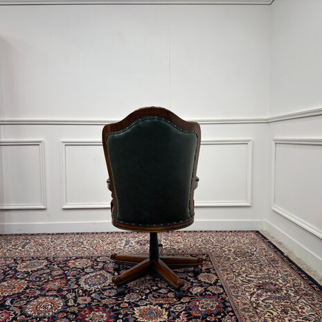 Klassiek-Engels-Antiek-Oud-Vintage-Chesterfield-Bureaustoel-President-Chair-Groen-Leder