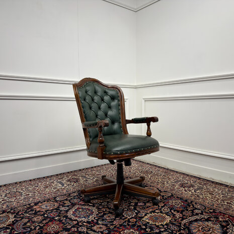 Klassiek-Engels-Antiek-Oud-Vintage-Chesterfield-Bureaustoel-President-Chair-Groen-Leder
