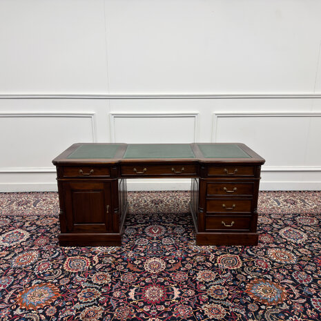 Klassiek-Engels-Oud-Antiek-Vintage-Chesterfield-Bureau-Desk-Groen-Leder