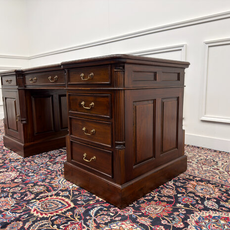 Klassiek-Engels-Oud-Antiek-Vintage-Chesterfield-Bureau-Desk-Groen-Leder