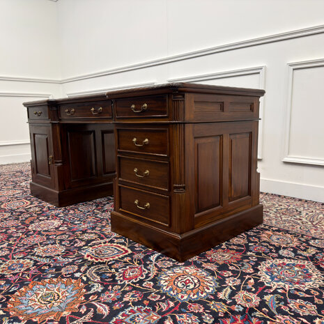 Klassiek-Engels-Oud-Antiek-Vintage-Chesterfield-Bureau-Desk-Groen-Leder