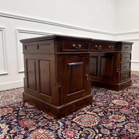 Klassiek-Engels-Oud-Antiek-Vintage-Chesterfield-Bureau-Desk-Groen-Leder
