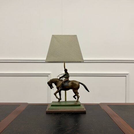 Klassiek-Engels-Antiek-Oud-Brons-Bronze-Lamp-Tafellamp-Ruiter