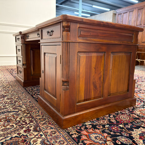 Klassiek-Engels-Oud-Antiek-Chesterfield-Vintage-Bureau-Desk-Partnerdesk-Zwart-Leder
