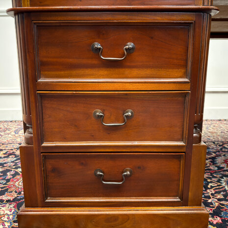 Klassiek-Engels-Oud-Antiek-Chesterfield-Vintage-Bureau-Desk-Partnerdesk-Zwart-Leder
