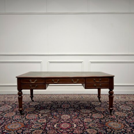 Klassiek-Engels-Antiek-Oud-Vintage-Chesterfield-Bureau-Desk-Schrijftafel-Groen-Leder