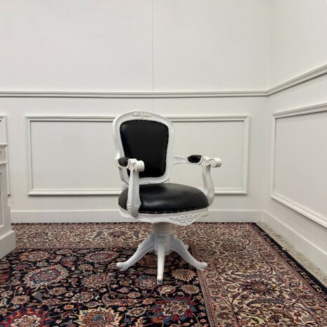 Klassiek-Antiek-Engels-Oud-Vintage-Chesterfield-Wit-Witte-Set-Bureau-Desk-Zwart-Leder-met-Bureaustoel-President-Chair