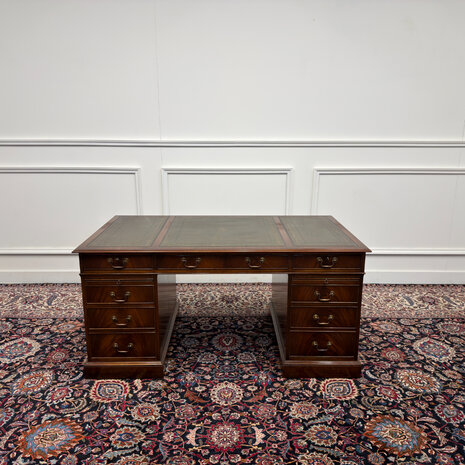 Klassiek-Engels-Antiek-Oud-Vintage-Chesterfield-Bureau-Desk-Groen-Leder