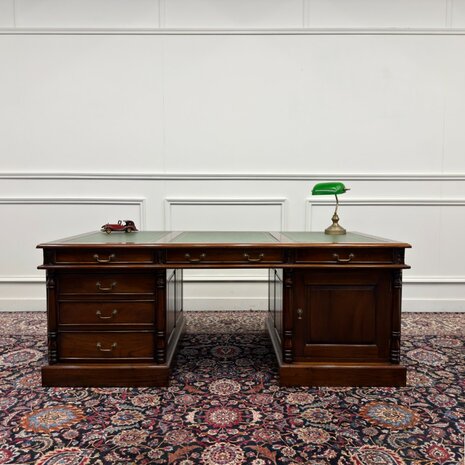 Klassiek-Engels-Antiek-Oud-Vintage-Chesterfield-Groot-Bureau-Desk-Groen-Leder
