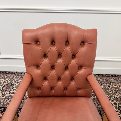 Klassiek-Engels-Antiek-Oud-Vintage-Chesterfield-Bureaustoel-President-Chair-Zalmkleurig-Leder