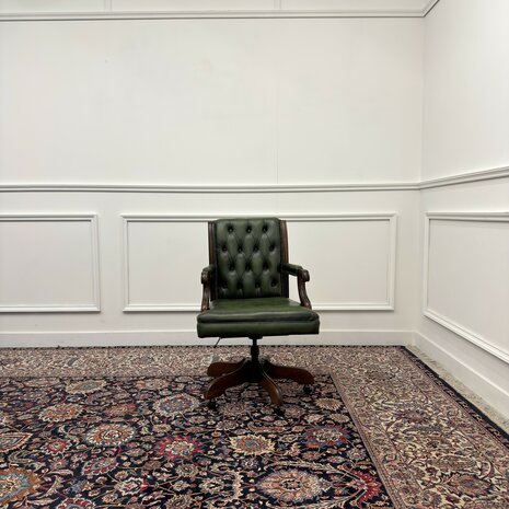 Klassiek-Engels-Antiek-Oud-Vintage-Chesterfield-Bureaustoel-President-Chair-Groen-Leder