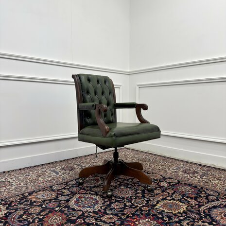 Klassiek-Engels-Antiek-Oud-Vintage-Chesterfield-Bureaustoel-President-Chair-Groen-Leder