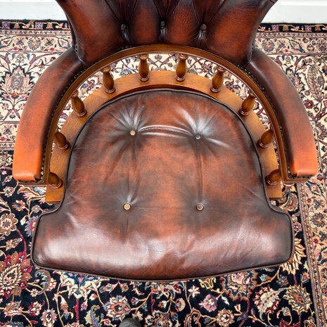 Klassiek-Engels-Antiek-Oud-Vintage-Chesterfield-Bureaustoel-Captain-Chair-Oxblood-Leder