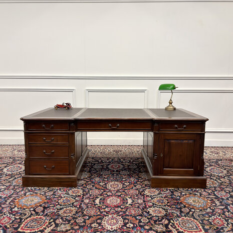 Klassiek-Engels-Antiek-Oud-Vintage-Chesterfield-Zeer-Groot-Bureau-Desk-Partnerdesk-Bruin-Leder
