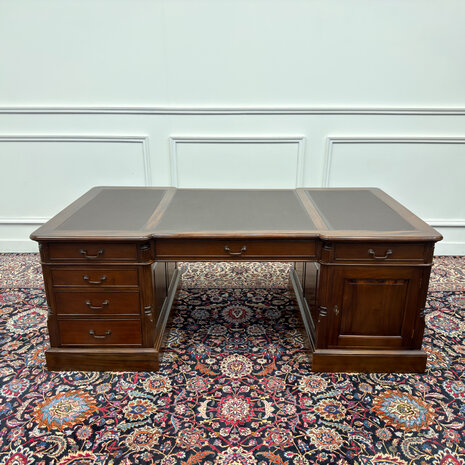 Klassiek-Engels-Antiek-Oud-Vintage-Chesterfield-Zeer-Groot-Bureau-Desk-Partnerdesk-Bruin-Leder