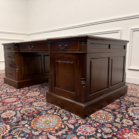 Klassiek-Engels-Antiek-Oud-Vintage-Chesterfield-Zeer-Groot-Bureau-Desk-Partnerdesk-Bruin-Leder