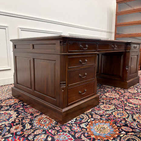 Klassiek-Engels-Antiek-Oud-Vintage-Chesterfield-Zeer-Groot-Bureau-Desk-Partnerdesk-Bruin-Leder