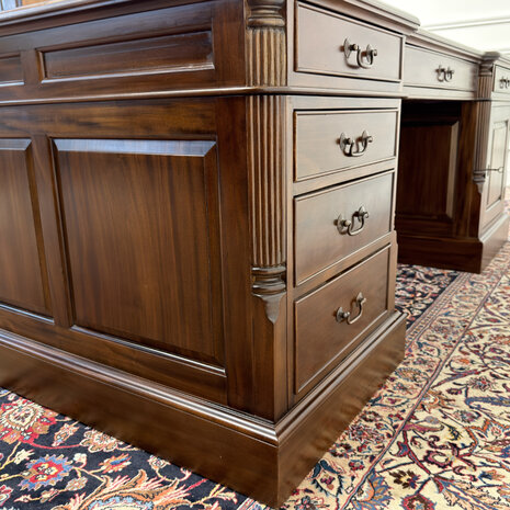 Klassiek-Engels-Antiek-Oud-Vintage-Chesterfield-Zeer-Groot-Bureau-Desk-Partnerdesk-Bruin-Leder