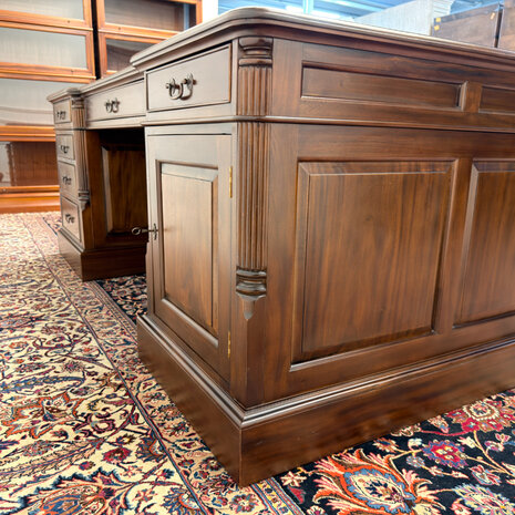 Klassiek-Engels-Antiek-Oud-Vintage-Chesterfield-Zeer-Groot-Bureau-Desk-Partnerdesk-Bruin-Leder