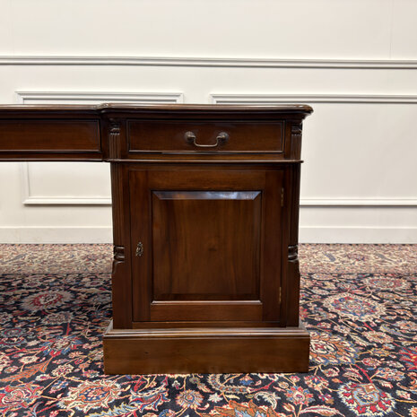Klassiek-Engels-Antiek-Oud-Vintage-Chesterfield-Zeer-Groot-Bureau-Desk-Partnerdesk-Bruin-Leder