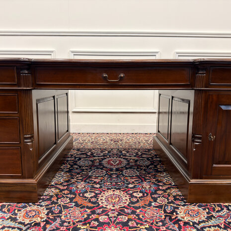 Klassiek-Engels-Antiek-Oud-Vintage-Chesterfield-Zeer-Groot-Bureau-Desk-Partnerdesk-Bruin-Leder