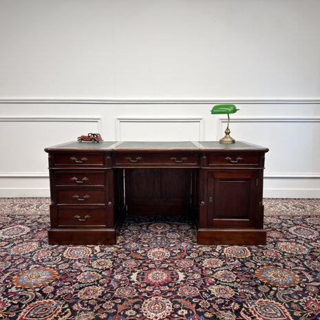Klassiek-Engels-Antiek-Oud-Vintage-Chesterfield-Bureau-Desk-Groen-Leder-met-Achterschot