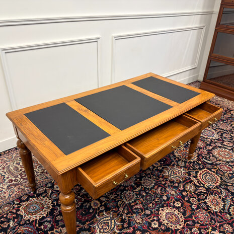 Klassiek-Engels-Antiek-Oud-Vintage-Chesterfield-Schrijftafel-Bureau-Desk-Zwart-Leder