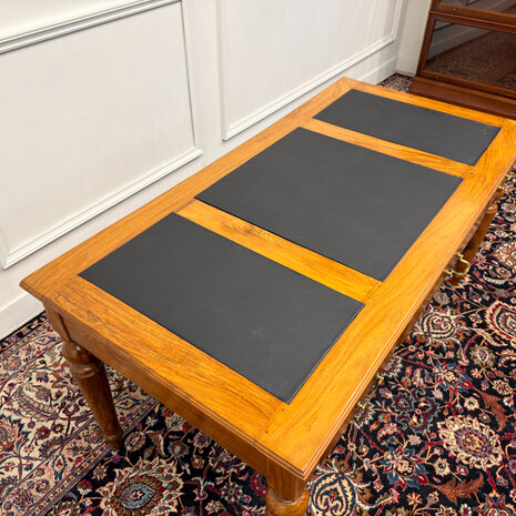 Klassiek-Engels-Antiek-Oud-Vintage-Chesterfield-Schrijftafel-Bureau-Desk-Zwart-Leder