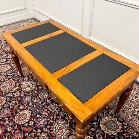 Klassiek-Engels-Antiek-Oud-Vintage-Chesterfield-Schrijftafel-Bureau-Desk-Zwart-Leder