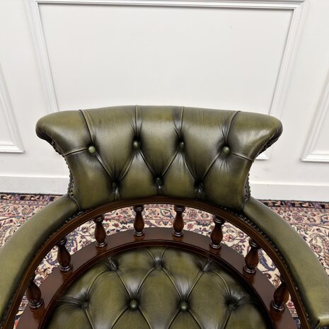 Klassiek-Engels-Antiek-Oud-Vintage-Chesterfield-Bureaustoel-Captain-Chair-Groen-Leder