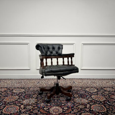 Klassiek-Engels-Antiek-Oud-Vintage-Chesterfield-Bureaustoel-Captain-Chair-Groen-Leder