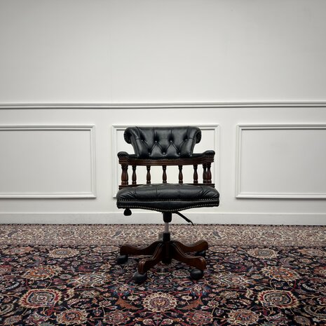 Klassiek-Engels-Antiek-Oud-Vintage-Chesterfield-Bureaustoel-Captain-Chair-Groen-Leder