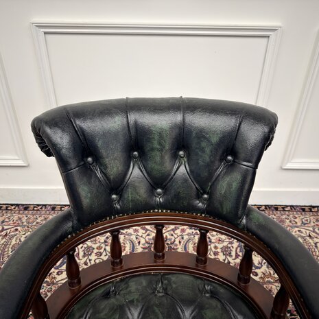Klassiek-Engels-Antiek-Oud-Vintage-Chesterfield-Bureaustoel-Captain-Chair-Groen-Leder