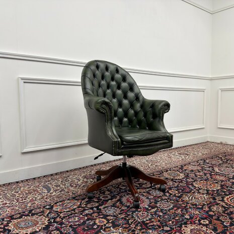 Klassiek-Engels-Chesterfield-Antiek-Oud-Vintage-Bureaustoel-Director-Directors-Chair-Groen-Leder-7