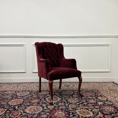 Klassiek-Engels-Antiek-Oud-Vintage-Chesterfield-Fauteuils-Oorfauteuils-Arm-Chairs-Fluweel-Oxblood-7