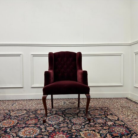 Klassiek-Engels-Antiek-Oud-Vintage-Chesterfield-Fauteuils-Oorfauteuils-Arm-Chairs-Fluweel-Oxblood-8